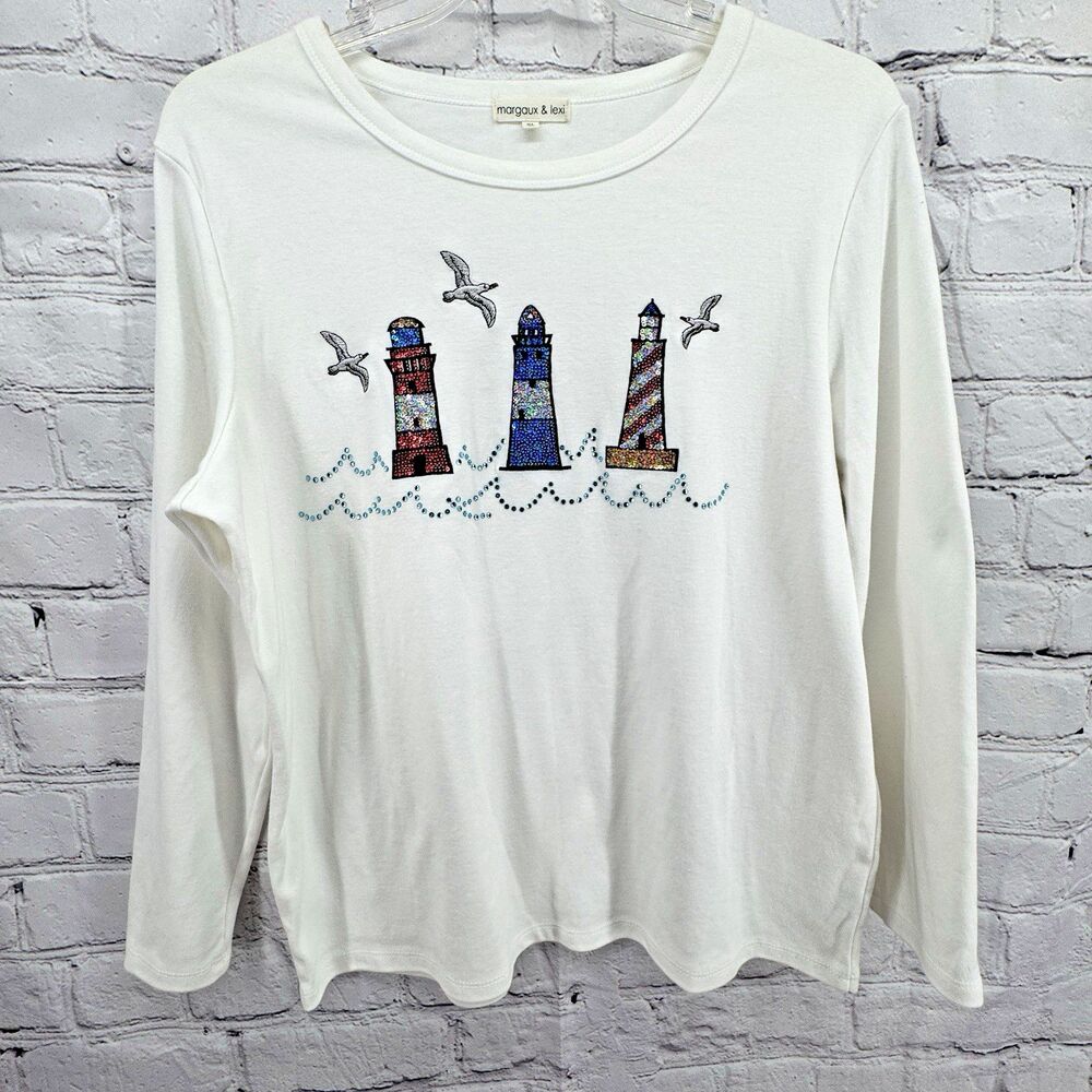 Margaux & Lexi Top Women's XL Sequin Lighthouse White Long Sleeve Knit Tee Shirt